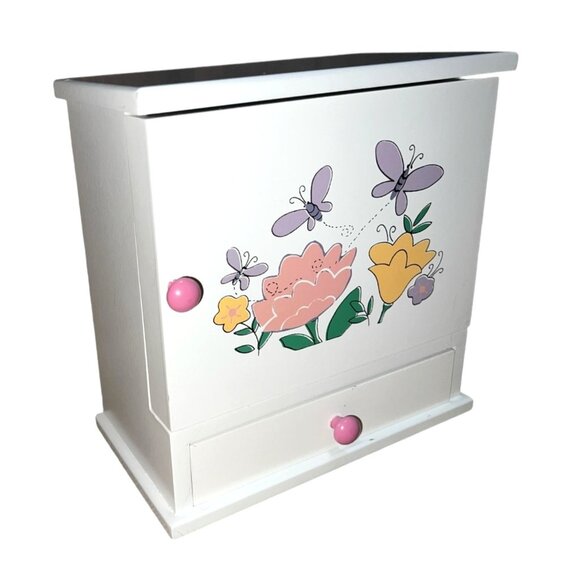 Open Front Wooden Jewelry Box Chest for Girls 8" x 8" Flowers & Butterflies with - Picture 1 of 16